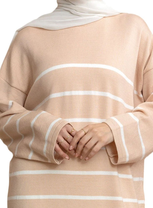 Beige Long - Striped Dress - Khotwh